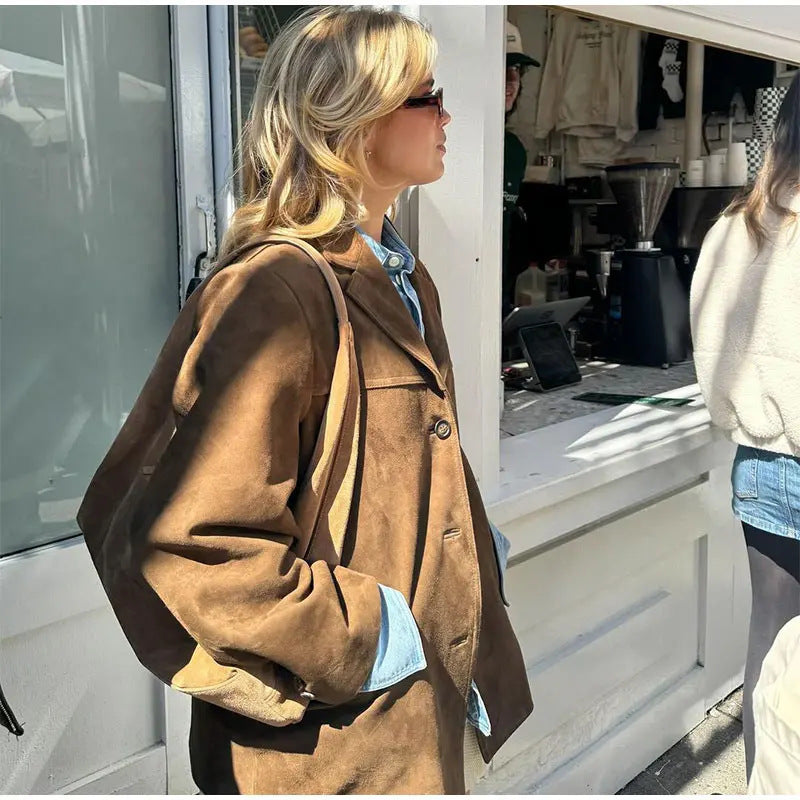 Blazer En Cuir Vintage Pour Femmes | Revers Crantés