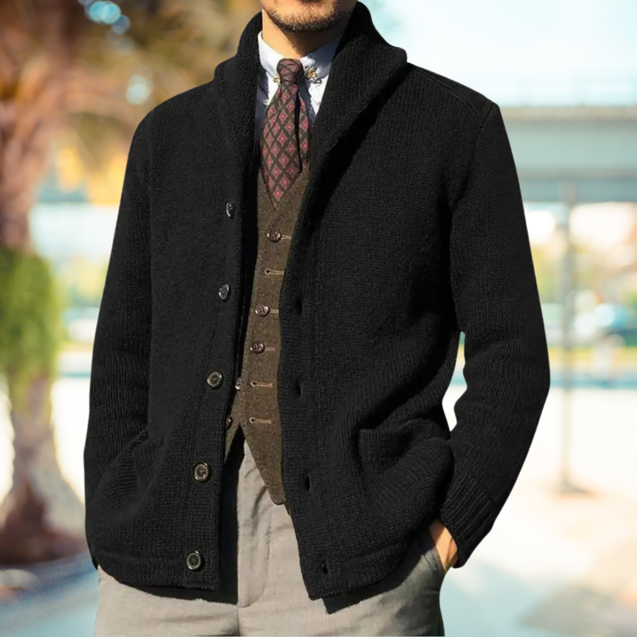 Cardigan Boutonné D'hiver Uni Pour Homme Avec Poche | Manches Longues
