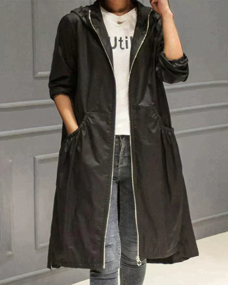 Veste De Pluie Longue Zippée Pour Femme | Capuche