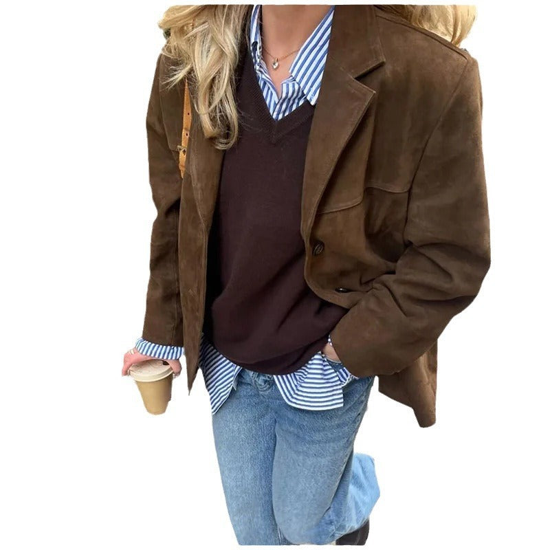 Blazer En Cuir Vintage Pour Femmes | Revers Crantés