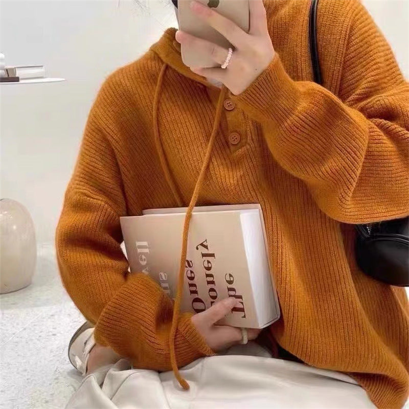 Pull Henley Tricoté À Capuche Pour Femme | Surdimensionné