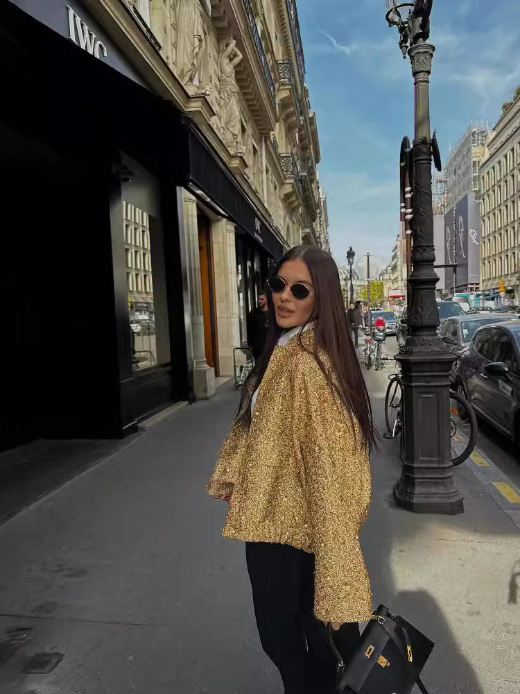 Blouson Bomber Décontracté Avec Paillettes Dorées | Court