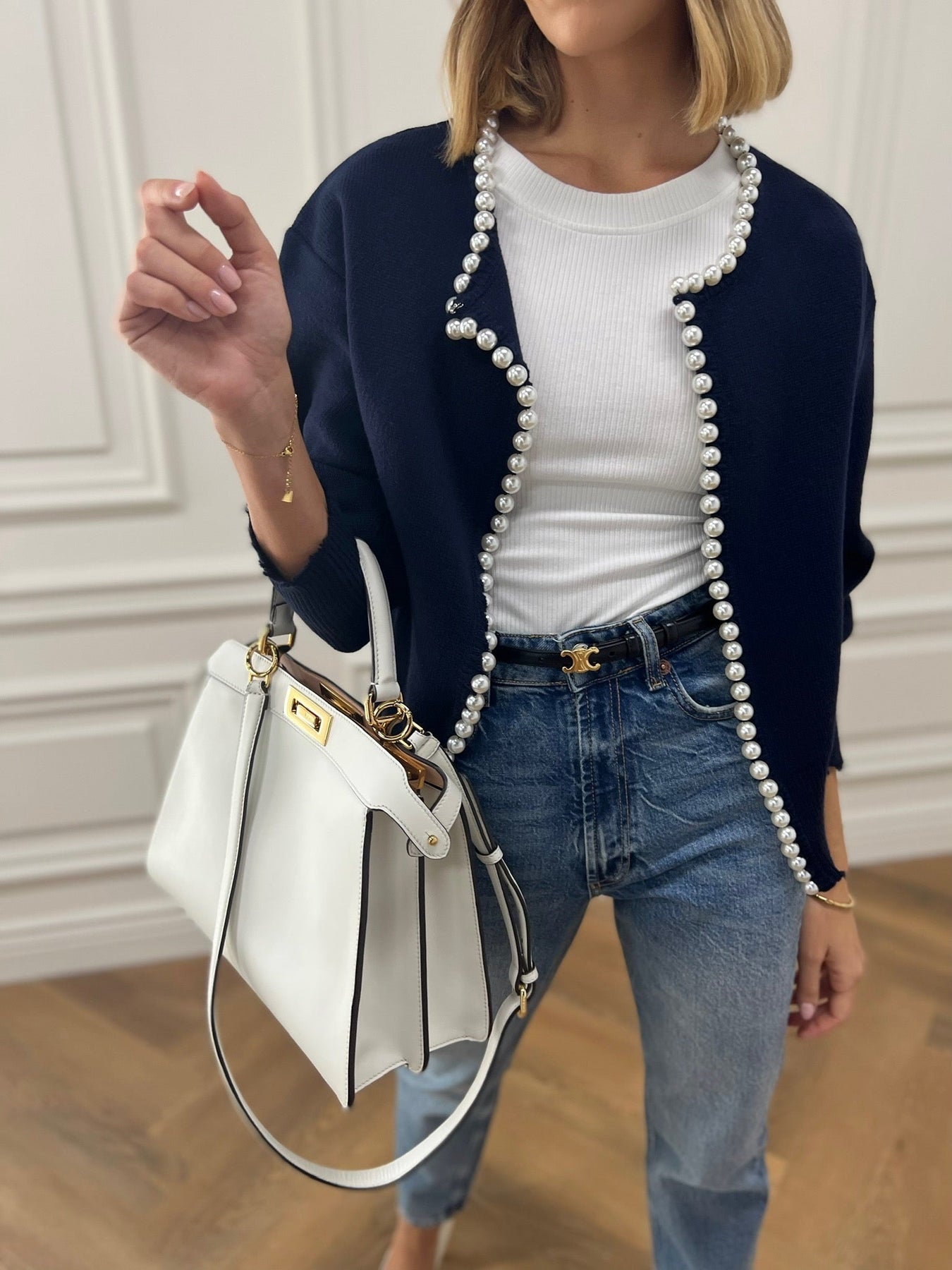 Cardigan tendance pour femme avec ouverture frontale | Détails perlés