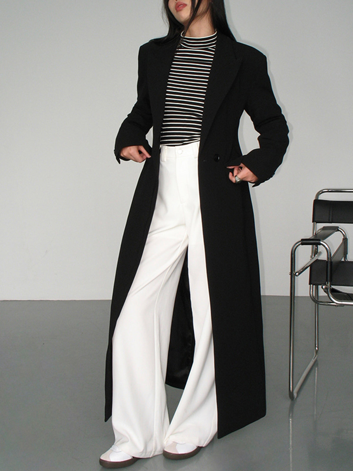 Trench-coat Long À Fermeture À Un Bouton Pour Femme | Noir