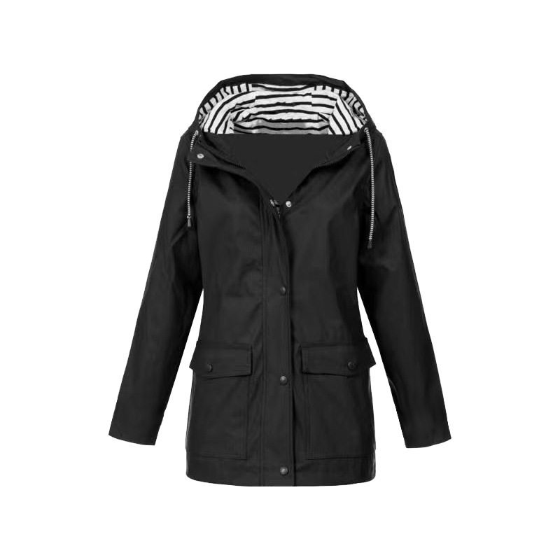 Veste De Pluie Boutonnée Pour Femme | Capuche Rayée