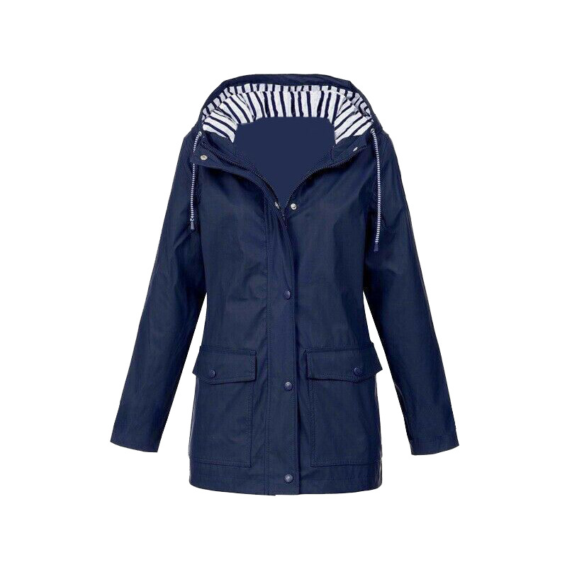 Veste De Pluie Boutonnée Pour Femme | Capuche Rayée