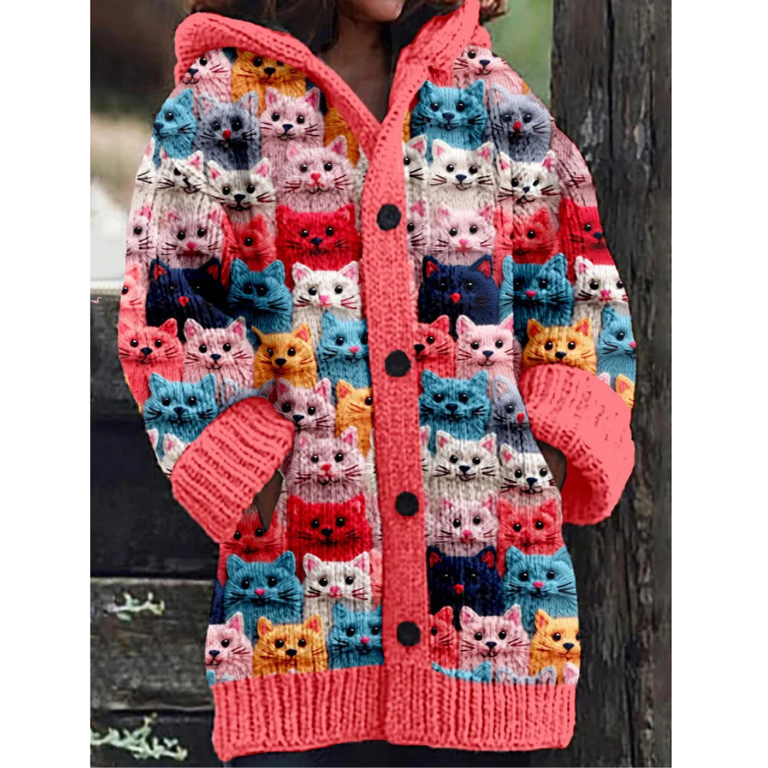 Cardigan Oversize En Maille À Imprimé Chat Pour Femme | Avec Capuche