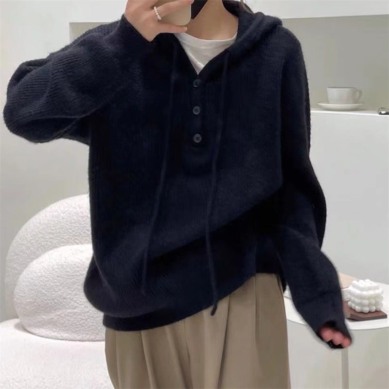 Pull Henley Tricoté À Capuche Pour Femme | Surdimensionné