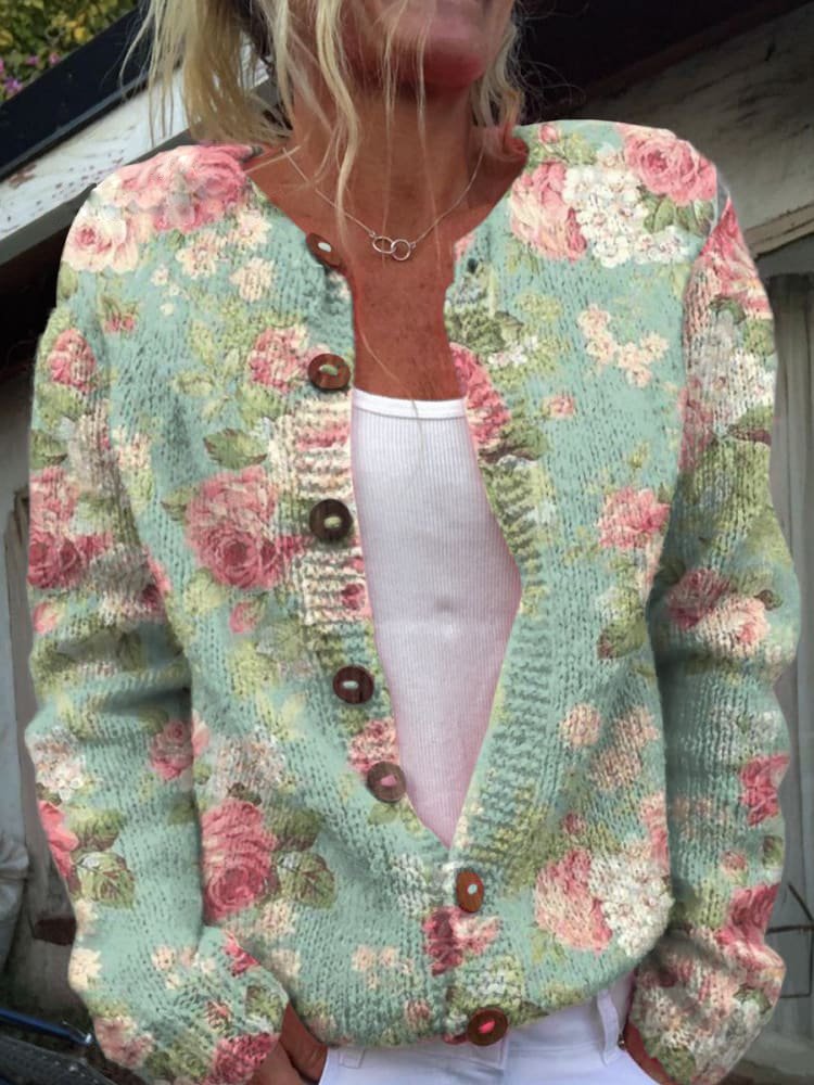 Cárdigan con estilo para mujer de punto con estampado floral | Cierre con botones