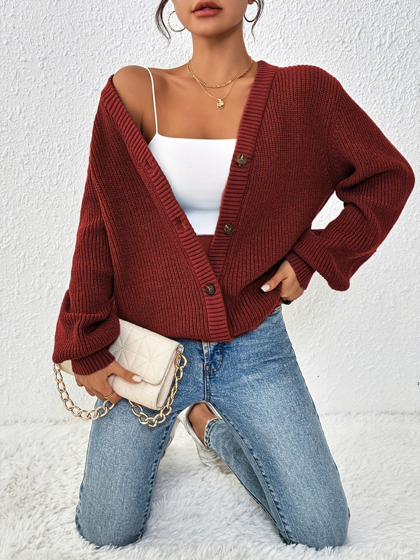 Cardigan uni pour femme en tricot avec manches longues | Hiver
