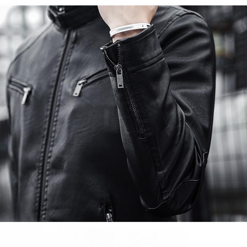 Veste De Moto En Cuir À Col Montant Pour Homme | Hiver
