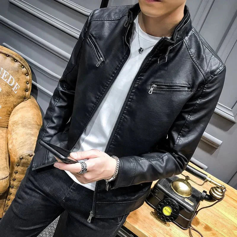 Veste De Moto En Cuir À Col Montant Pour Homme | Hiver