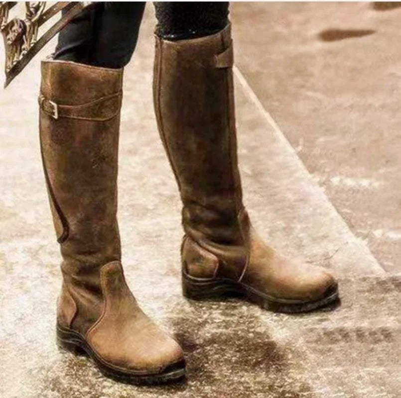 Botas de invierno de cuero estilo vaquero para mujer | hebilla decorativa