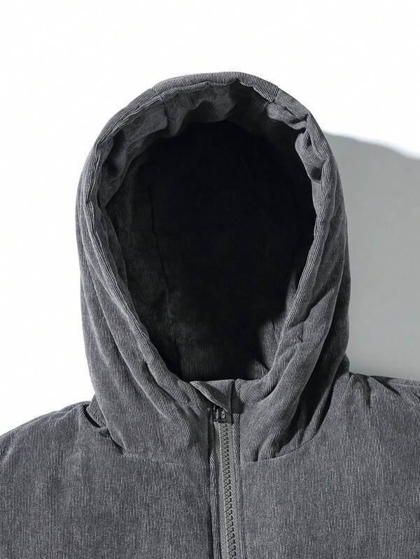 Veste Doudoune En Velours Côtelé Grise Pour Homme Avec Capuche | Hiver