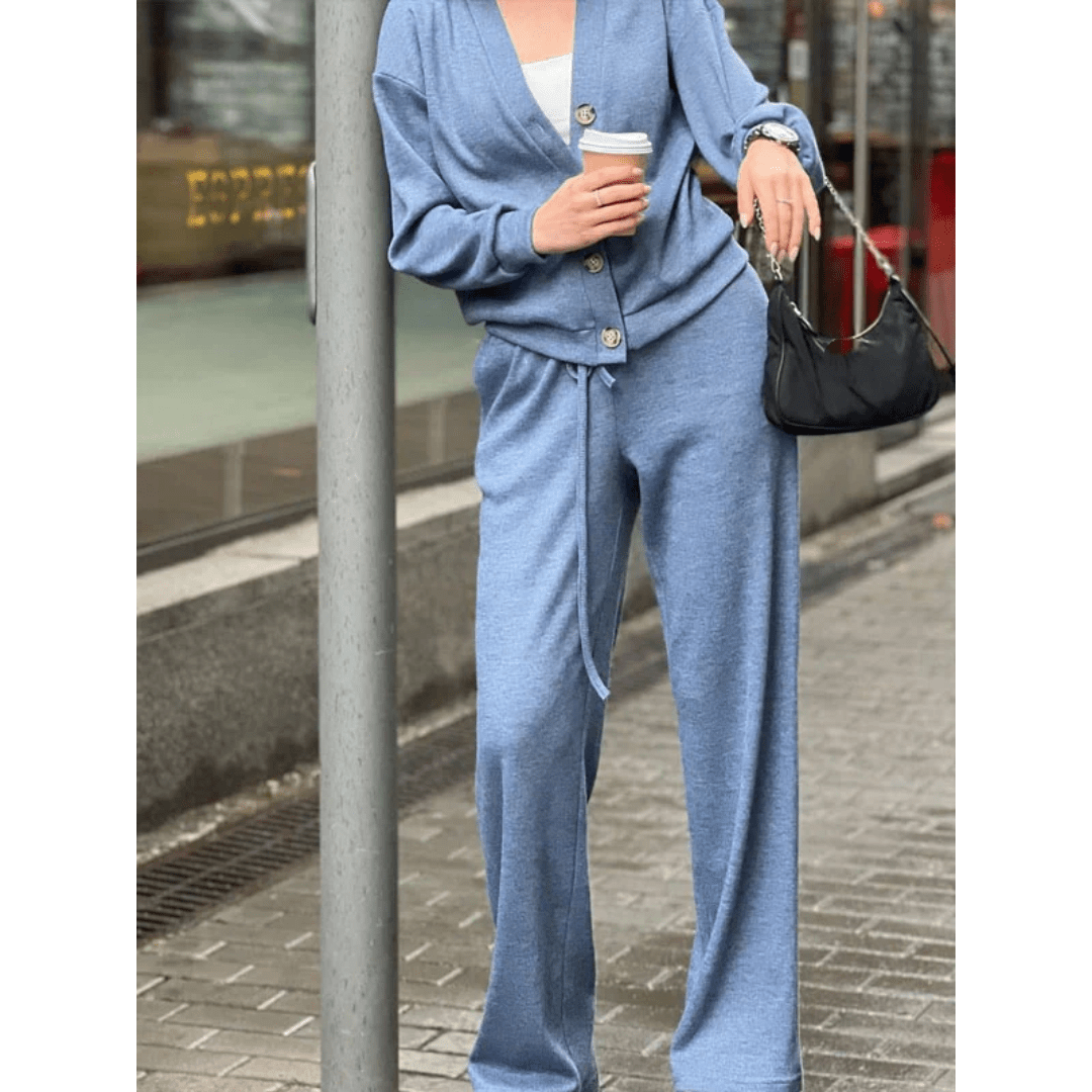 Ensemble d’hiver pour femme cardigan en tricot et pantalon | Col en V