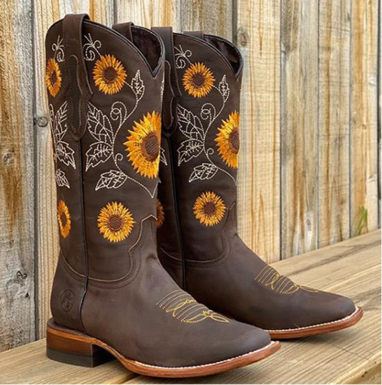 Botas de vaquero bordadas con girasoles para mujer | Tacón cuadrado