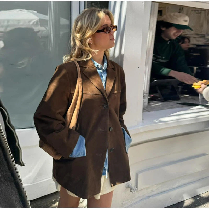 Blazer En Cuir Vintage Pour Femmes | Revers Crantés
