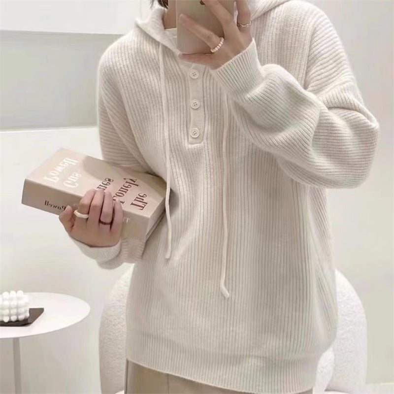Pull Henley Tricoté À Capuche Pour Femme | Surdimensionné