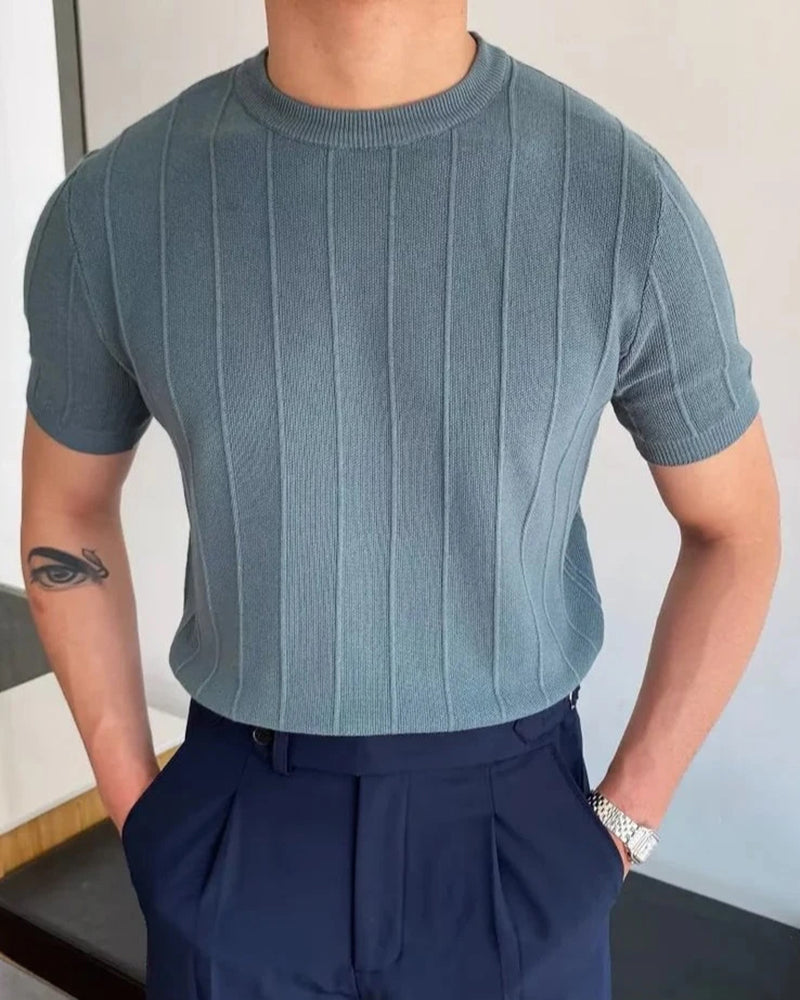 Haut Tricoté À Rayures Avec Col Rond Pour Hommes | Manches Courtes