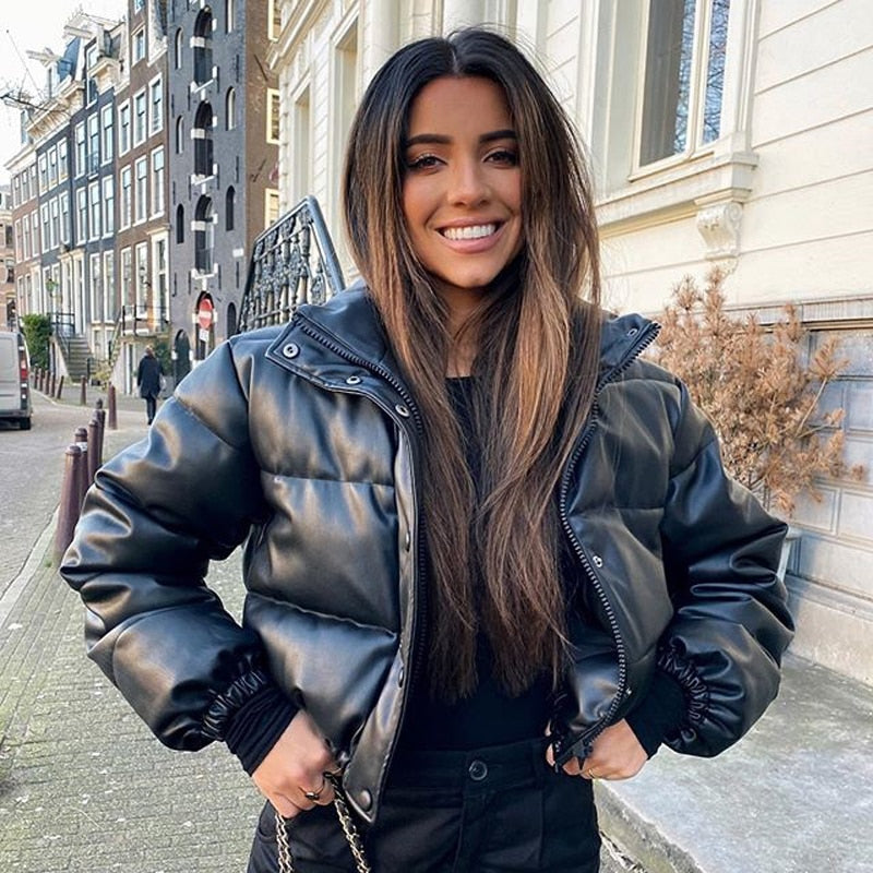 Veste Doudoune Courte En Cuir Pour Femme | Hiver