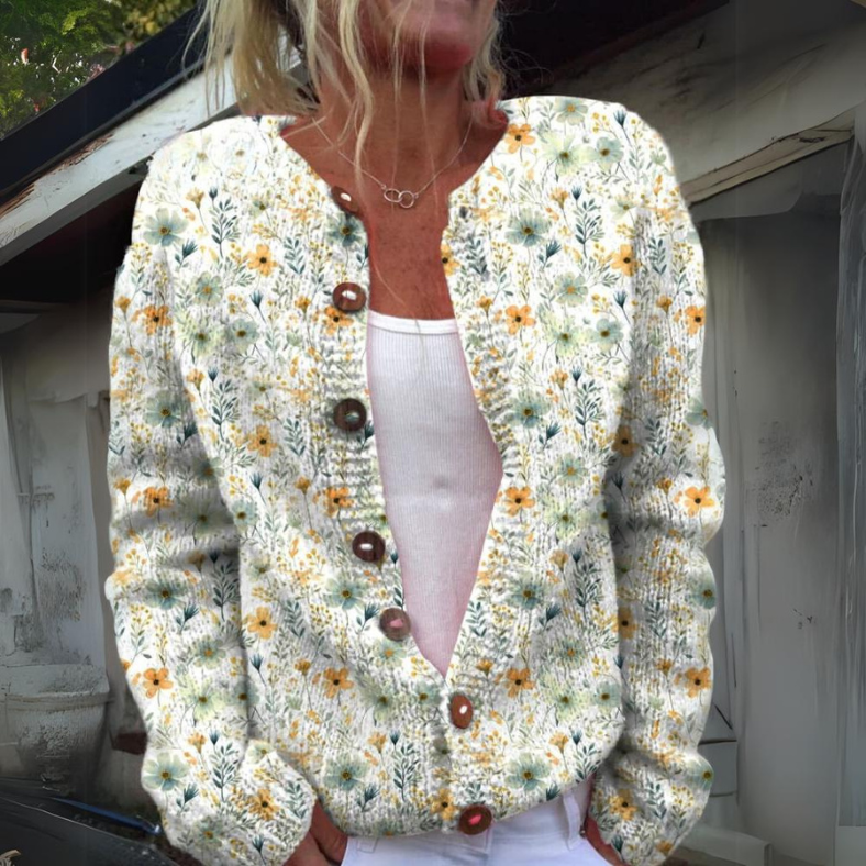 Cardigan stylé pour femme en tricot avec imprimé fleuri | Fermeture à boutons