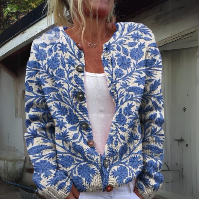 Cardigan stylé pour femme en tricot avec imprimé fleuri | Fermeture à boutons