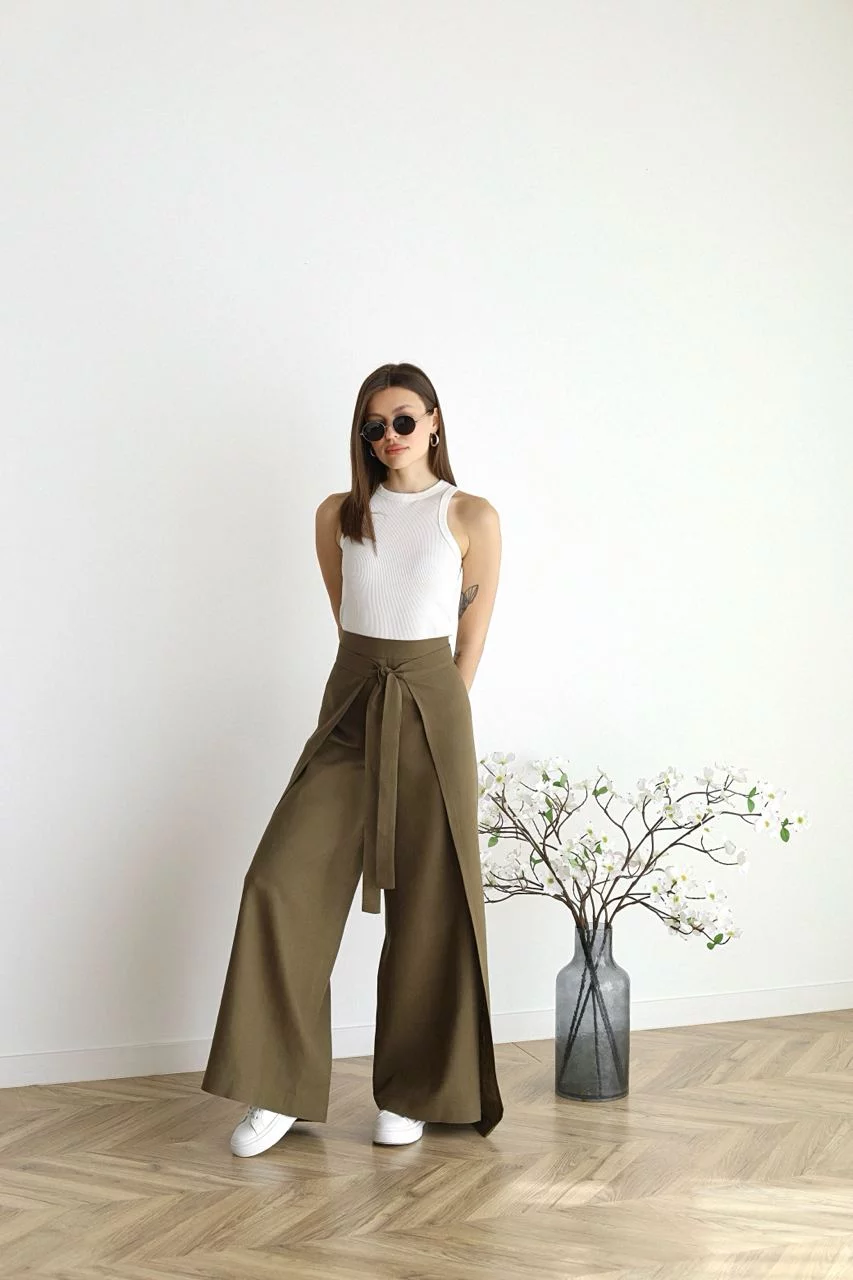Pantalon Large À Nouer Et À Ceinture Pour Femme | Taille Haute