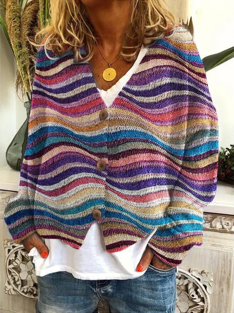 Cardigan décontracté pour femme à rayures colorées | Col en V