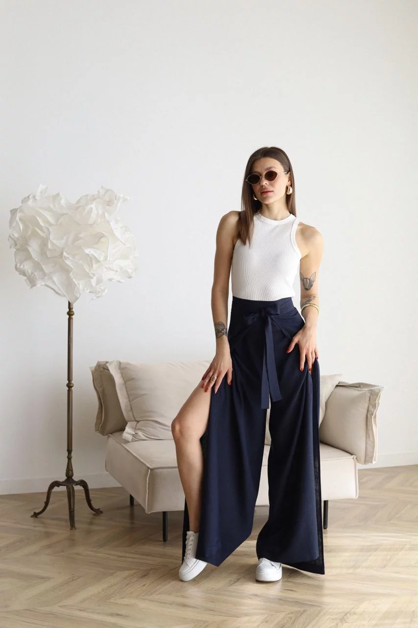 Pantalon Large À Nouer Et À Ceinture Pour Femme | Taille Haute