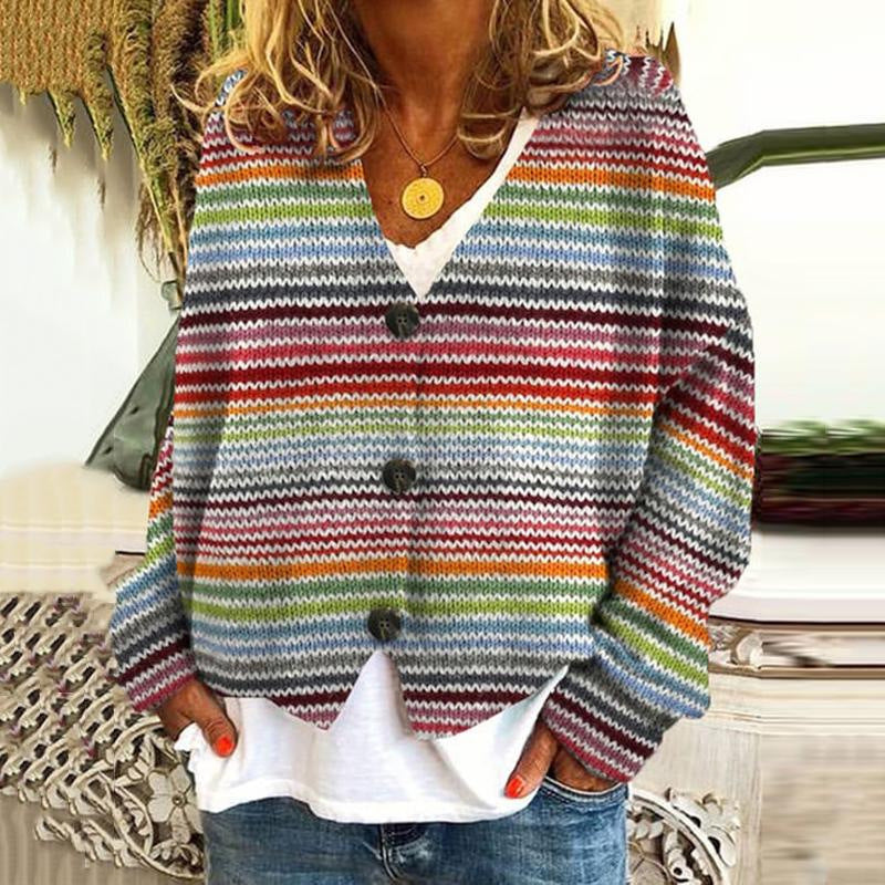 Cardigan décontracté pour femme à rayures colorées | Col en V