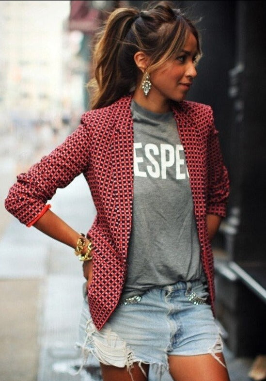 Blazer Décontracté À Motifs Ouvert Sur Le Devant Pour Femme | Rouge