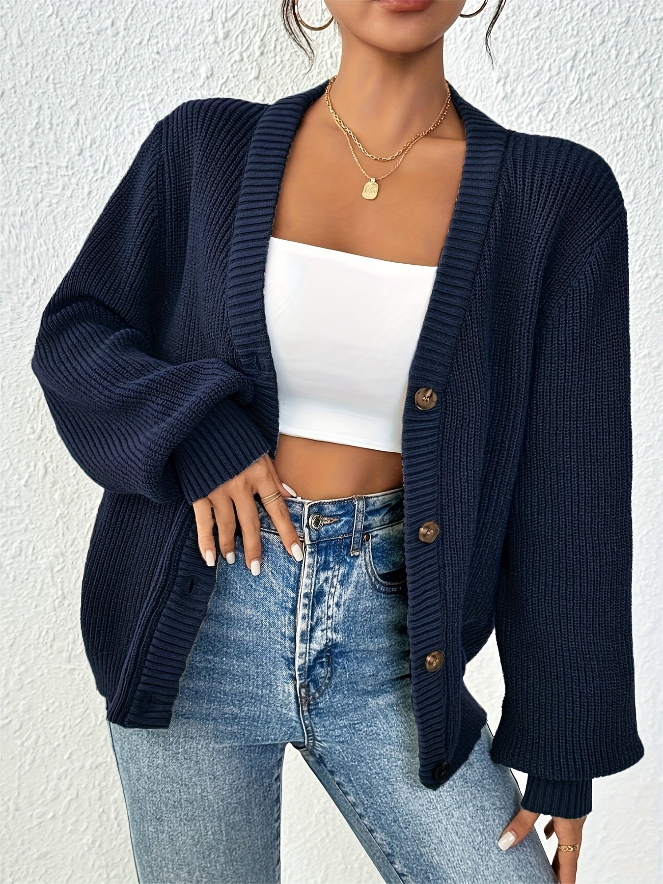 Cardigan uni pour femme en tricot avec manches longues | Hiver