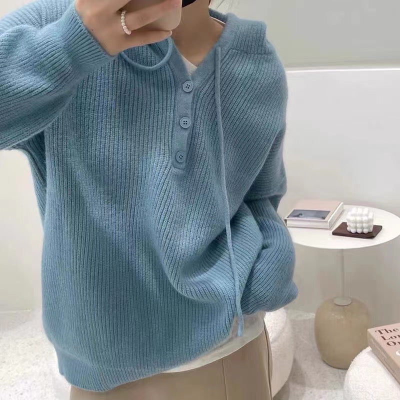 Pull Henley Tricoté À Capuche Pour Femme | Surdimensionné