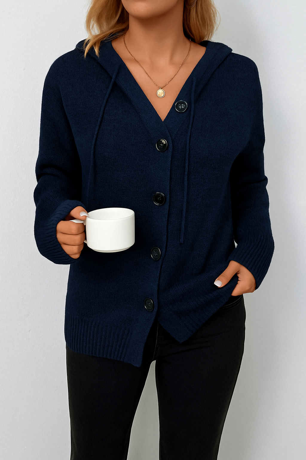Cardigan décontracté pour femme avec capuche et manches longues | Fermeture à boutons