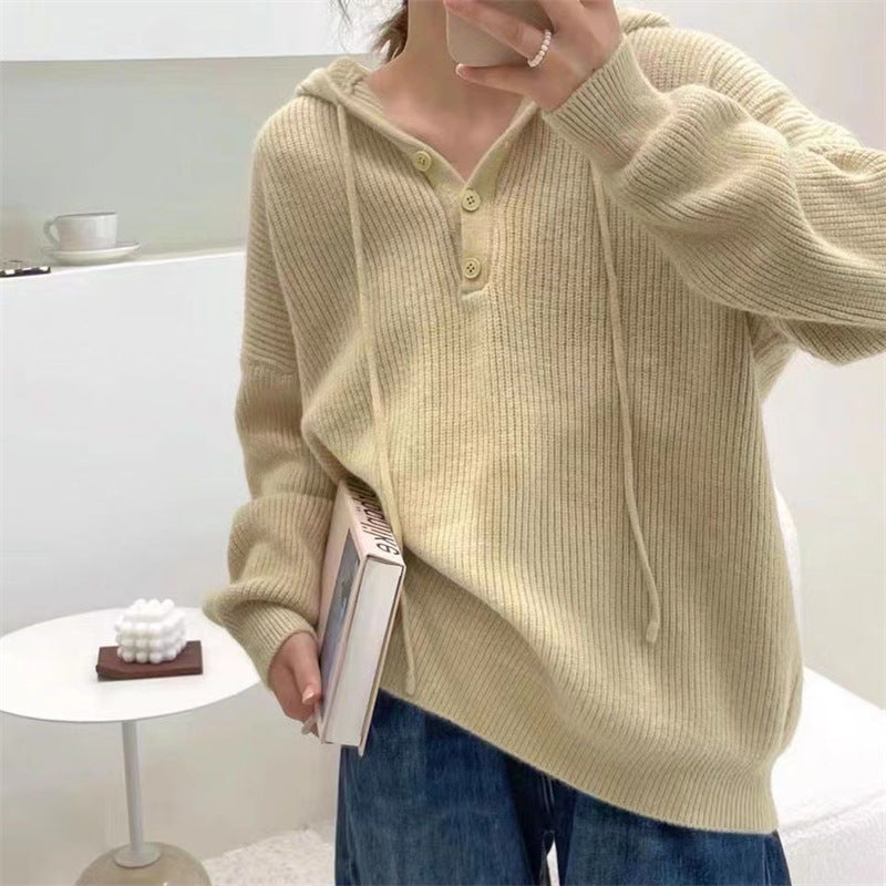 Pull Henley Tricoté À Capuche Pour Femme | Surdimensionné
