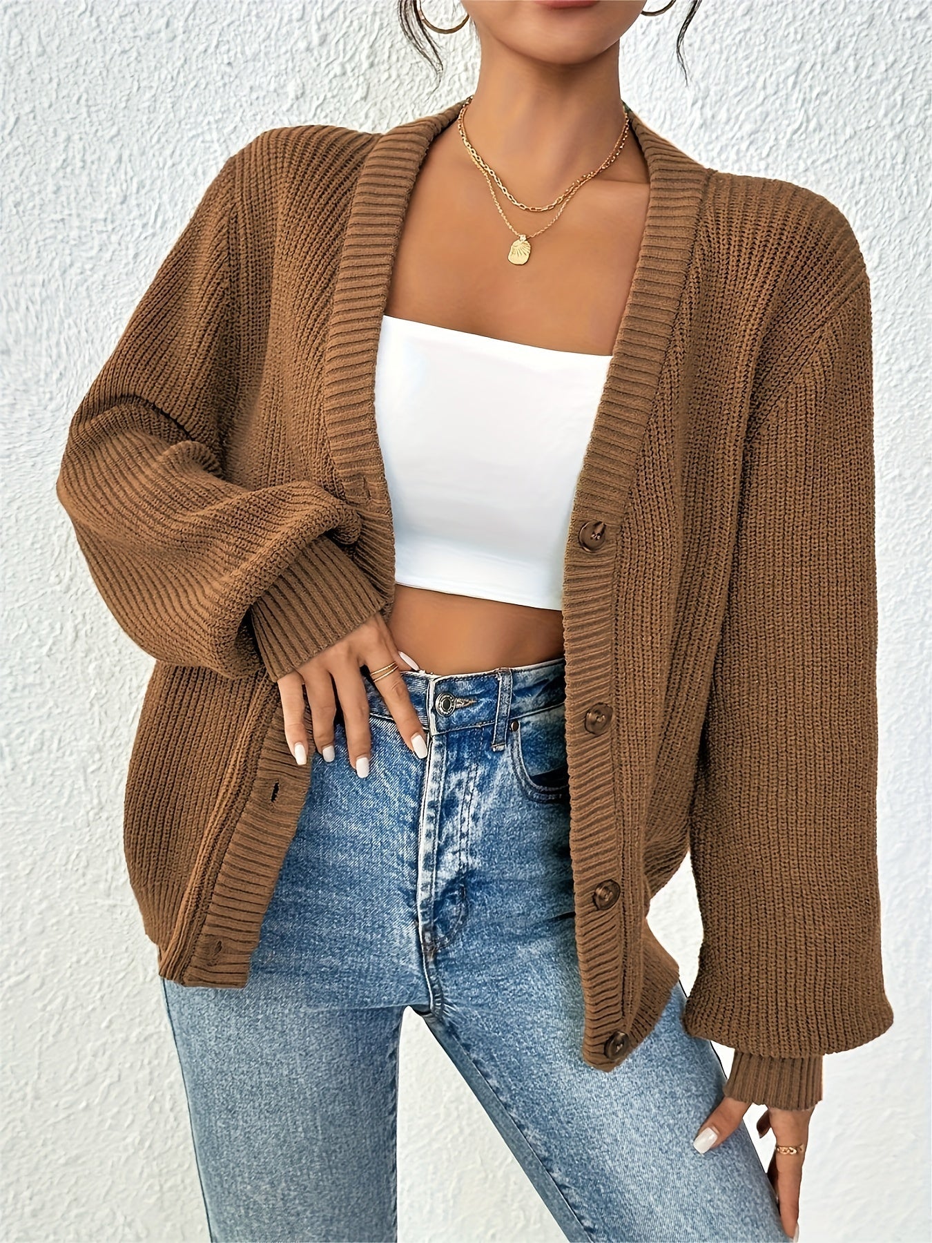 Cardigan uni pour femme en tricot avec manches longues | Hiver