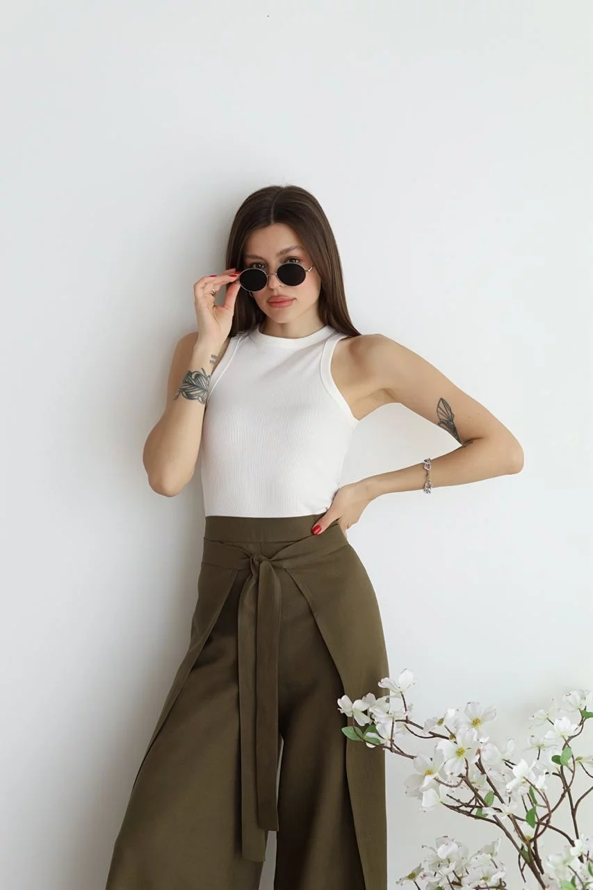 Pantalon Large À Nouer Et À Ceinture Pour Femme | Taille Haute