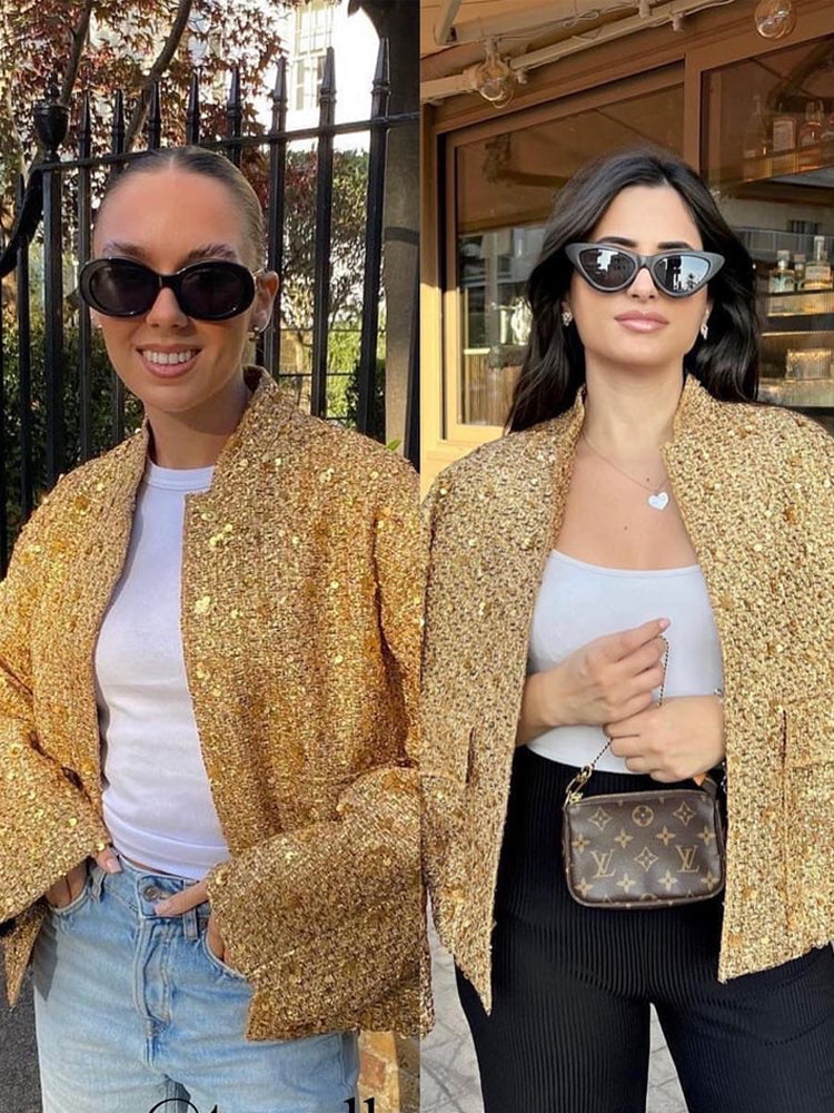 Blouson Bomber Décontracté Avec Paillettes Dorées | Court