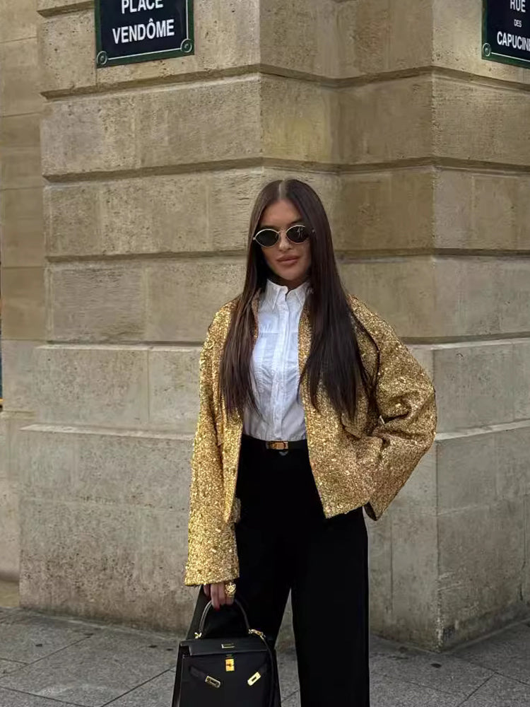 Blouson Bomber Décontracté Avec Paillettes Dorées | Court