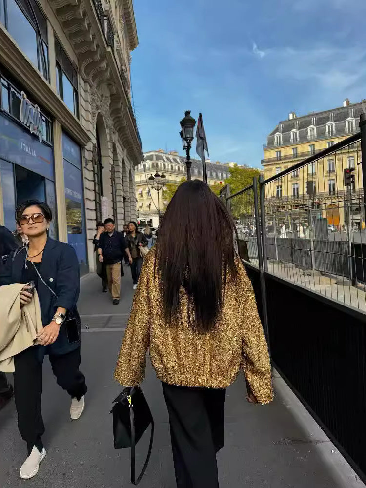 Blouson Bomber Décontracté Avec Paillettes Dorées | Court