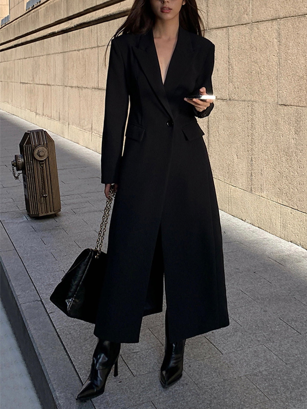 Trench-coat Long À Fermeture À Un Bouton Pour Femme | Noir