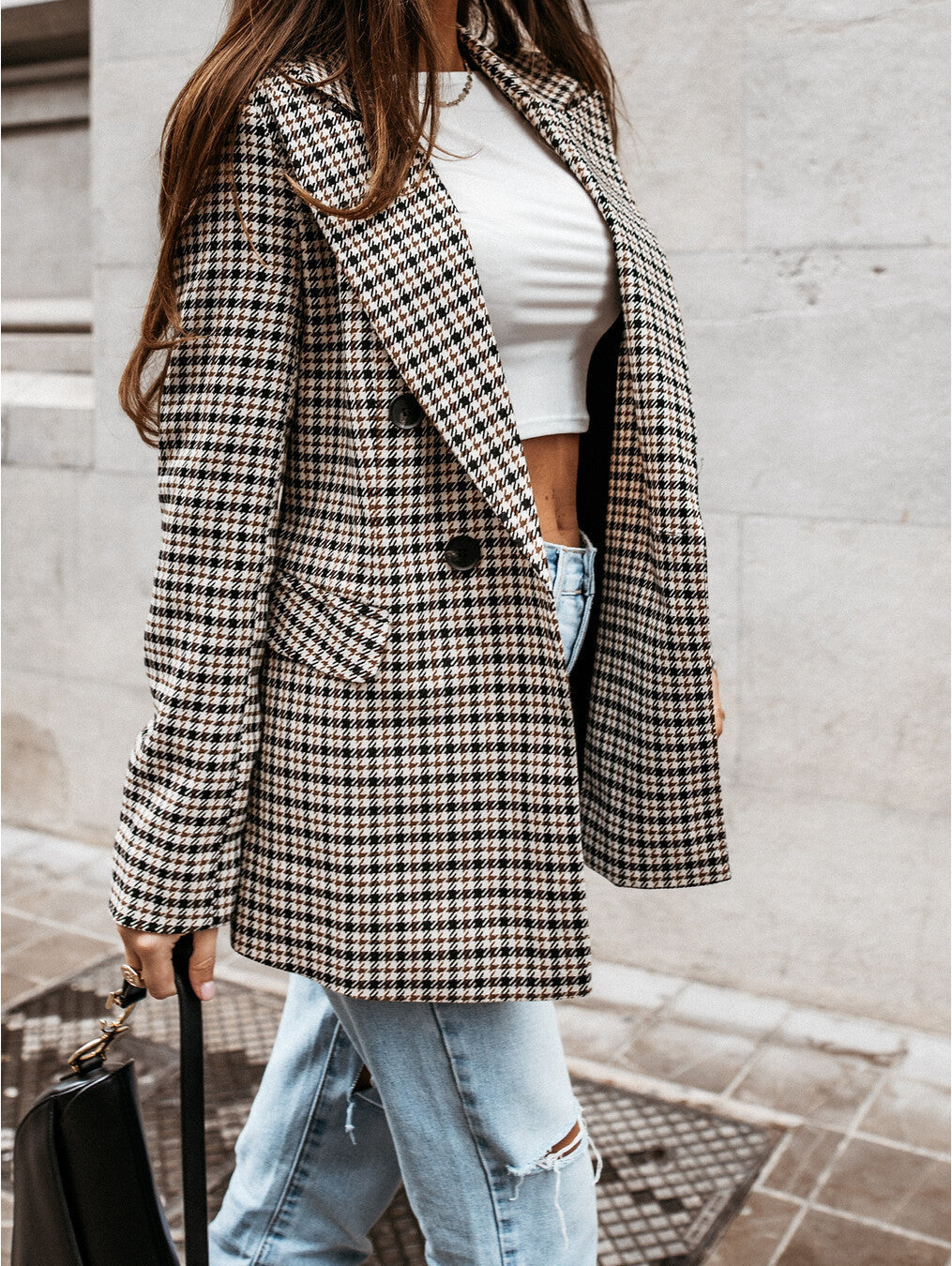 Blazer Décontracté À Carreaux Avec Poches Plaquées Pour Femmes | Manches Longues