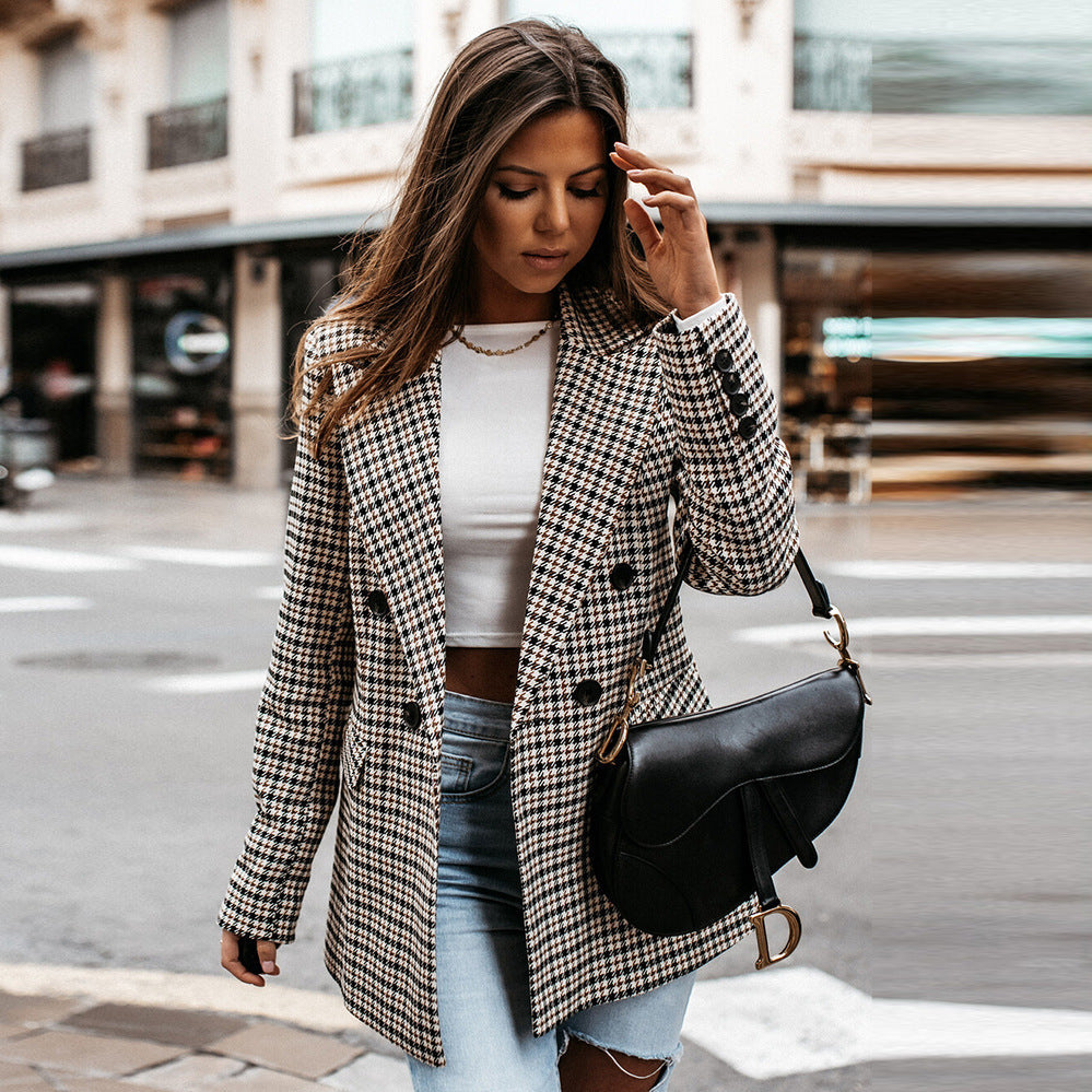 Blazer Décontracté À Carreaux Avec Poches Plaquées Pour Femmes | Manches Longues