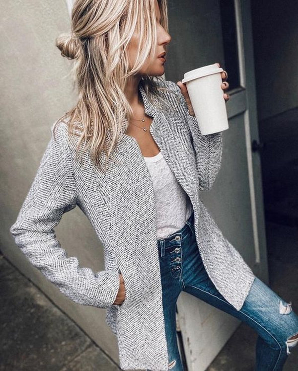 Blazer Moderne À Devant Ouvert Avec Poches Latérales Pour Femmes | Long