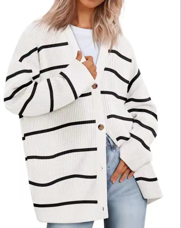 Cardigan Rayé À Col En V Pour Femme | Oversize
