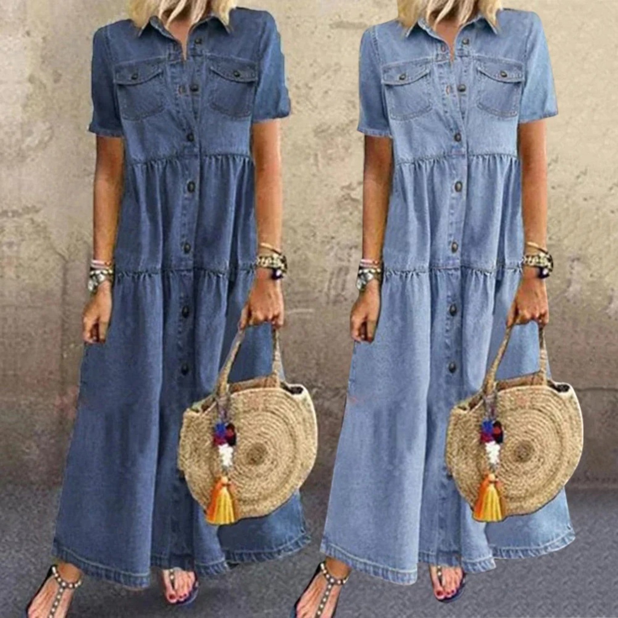 Anna | Robe En Jean À Manches Courtes Pour Femmes | Maxi