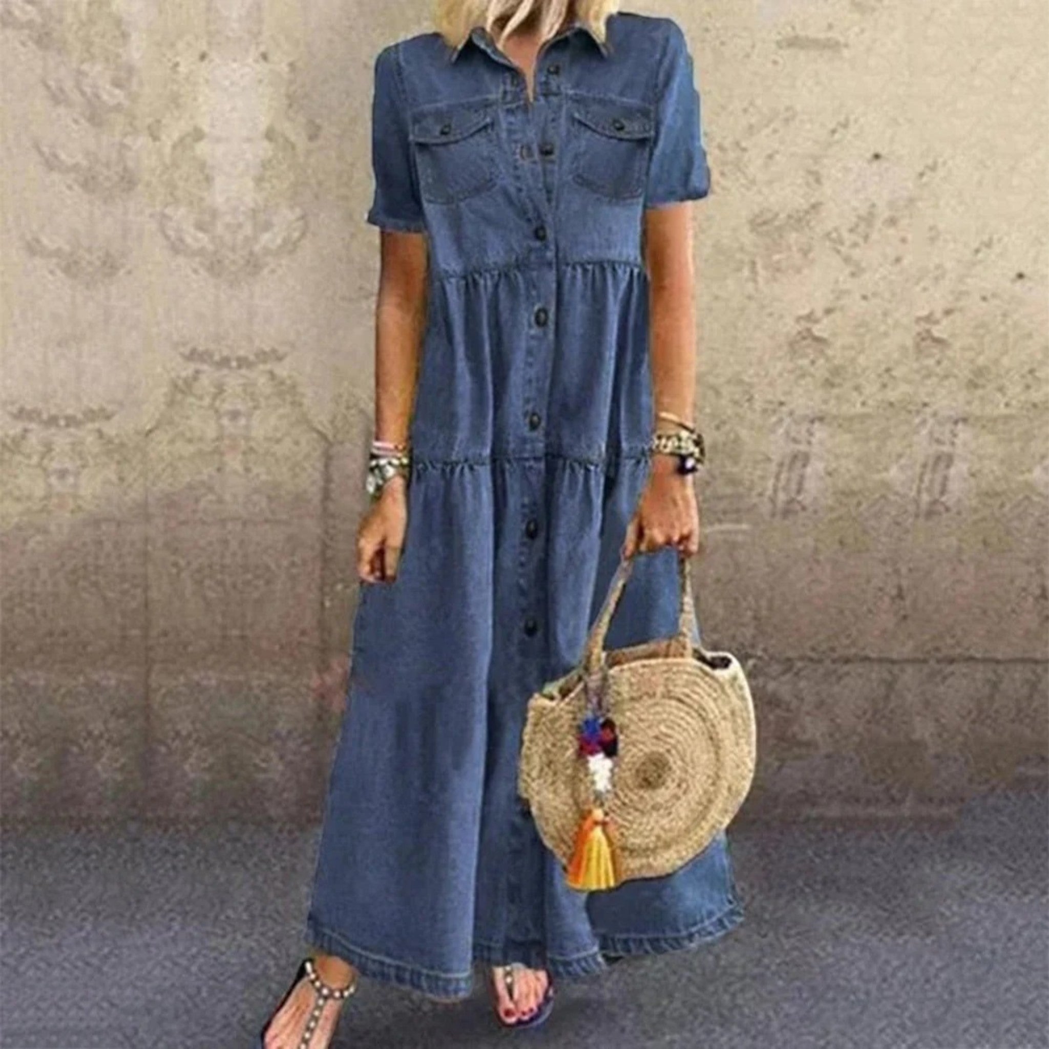 Anna | Robe En Jean À Manches Courtes Pour Femmes | Maxi