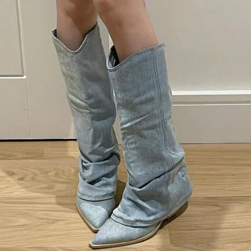 Bottes De Cowboy Montantes En Denim Tendance Pour Femme | Hiver