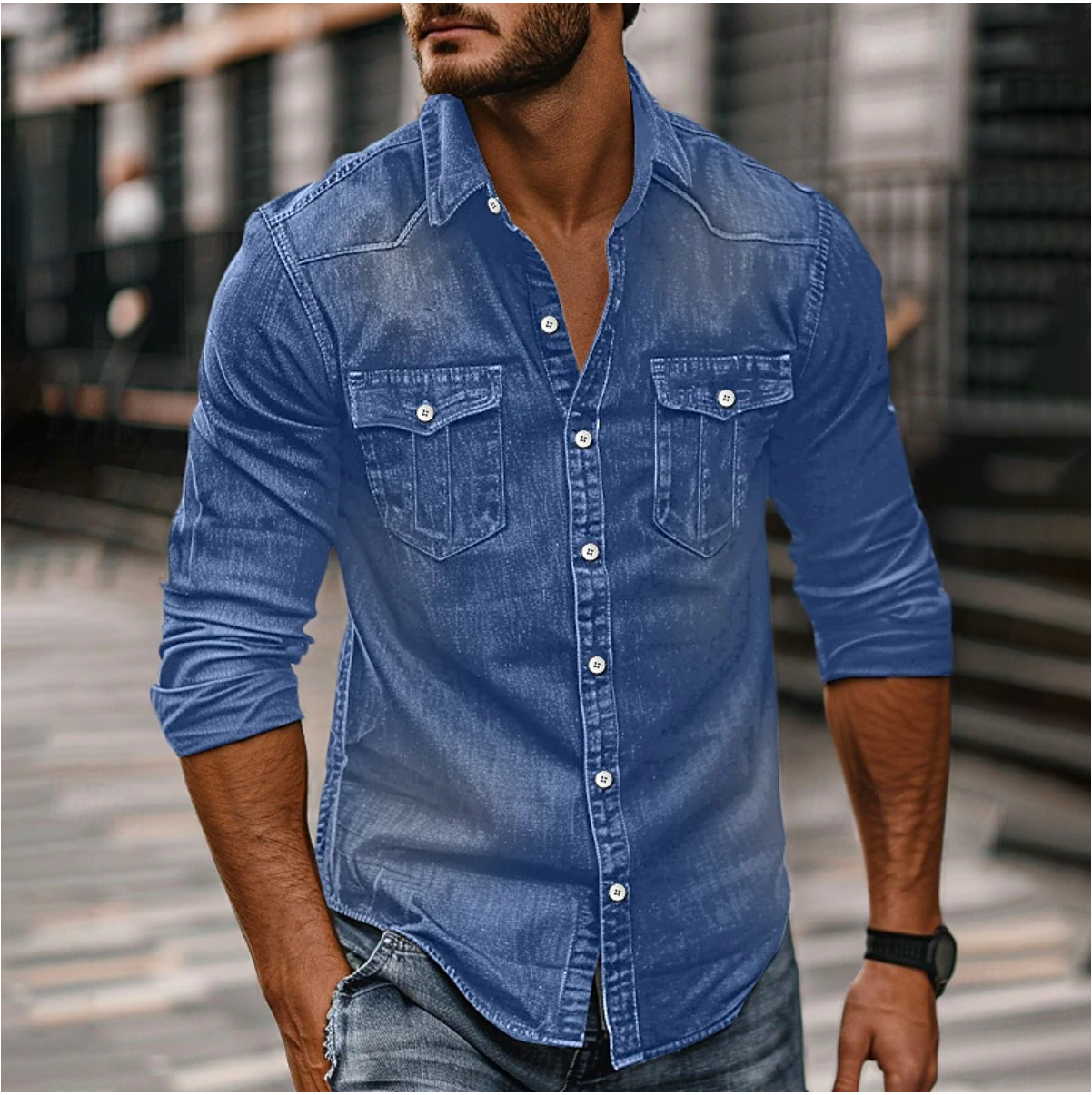 Chemise En Jean Classique Avec Poche Poitrine Pour Homme | Manches Longues