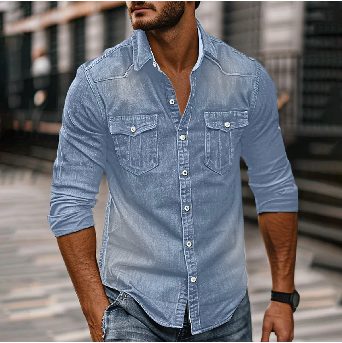 Chemise En Jean Classique Avec Poche Poitrine Pour Homme | Manches Longues